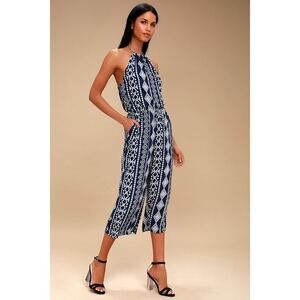 Lulus Sparrow Navy Blue Print Halter Jumpsuit - Size Large